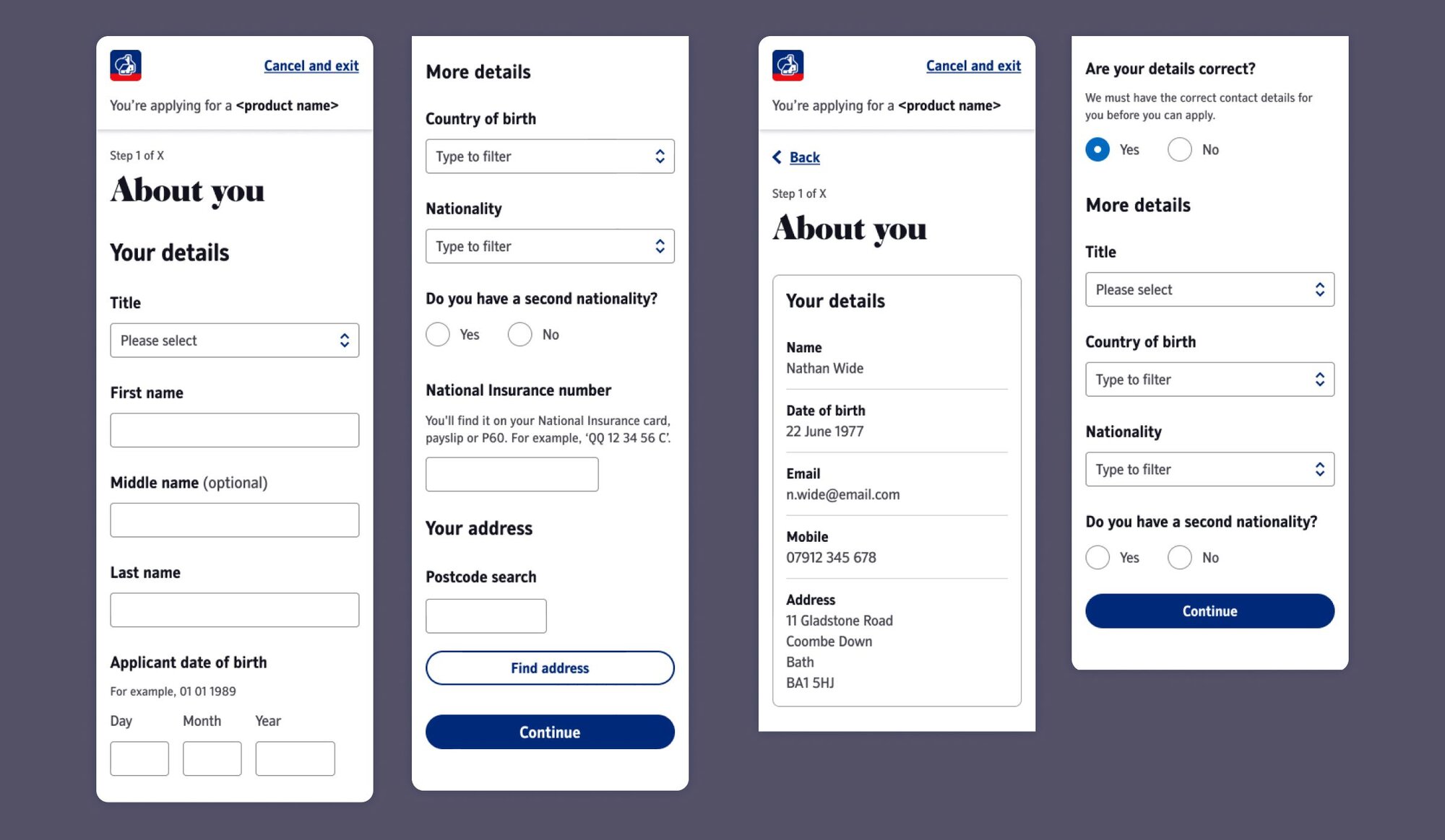 Nationwide personal details application screens