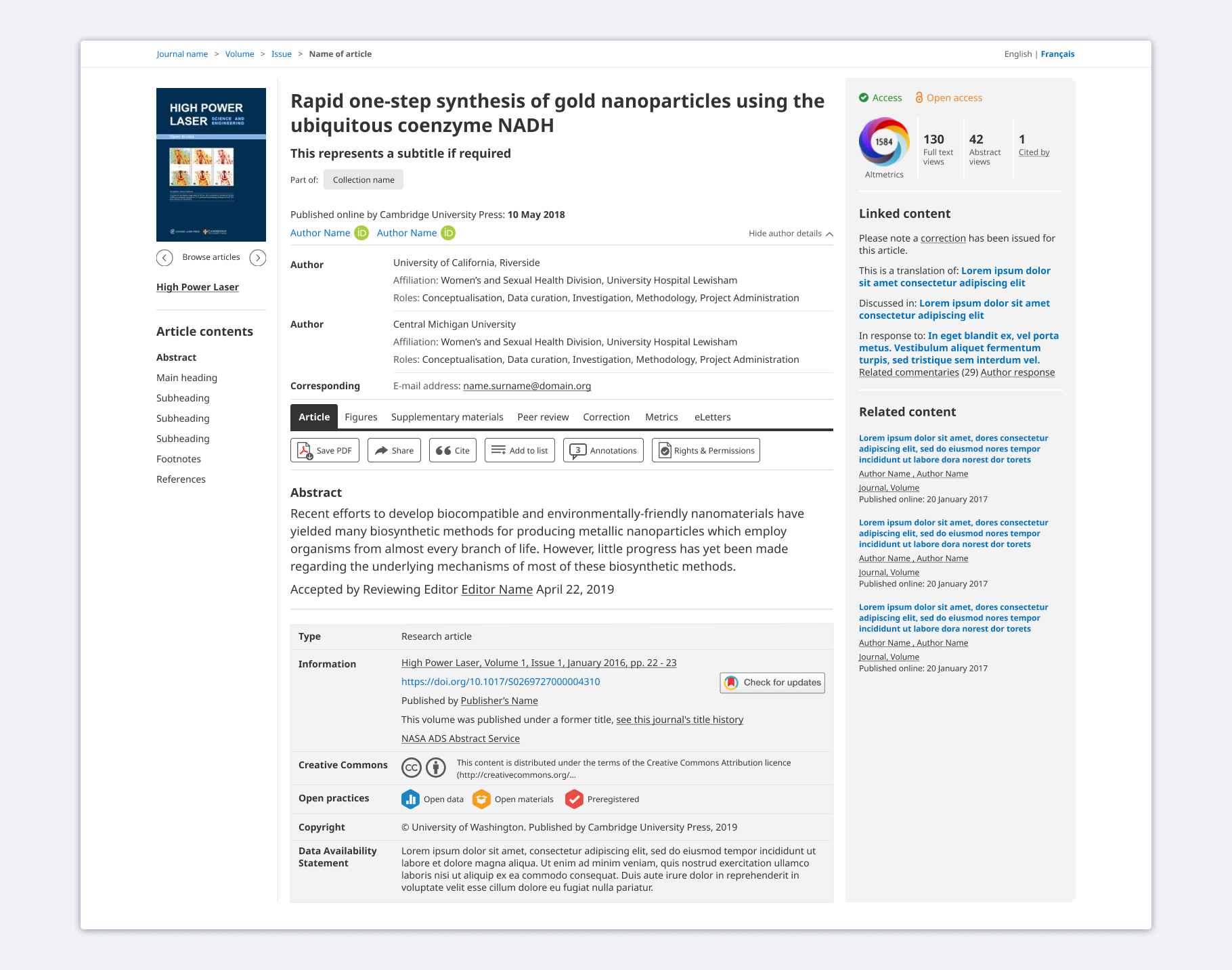 Mockup of an article template header on Cambridge Core