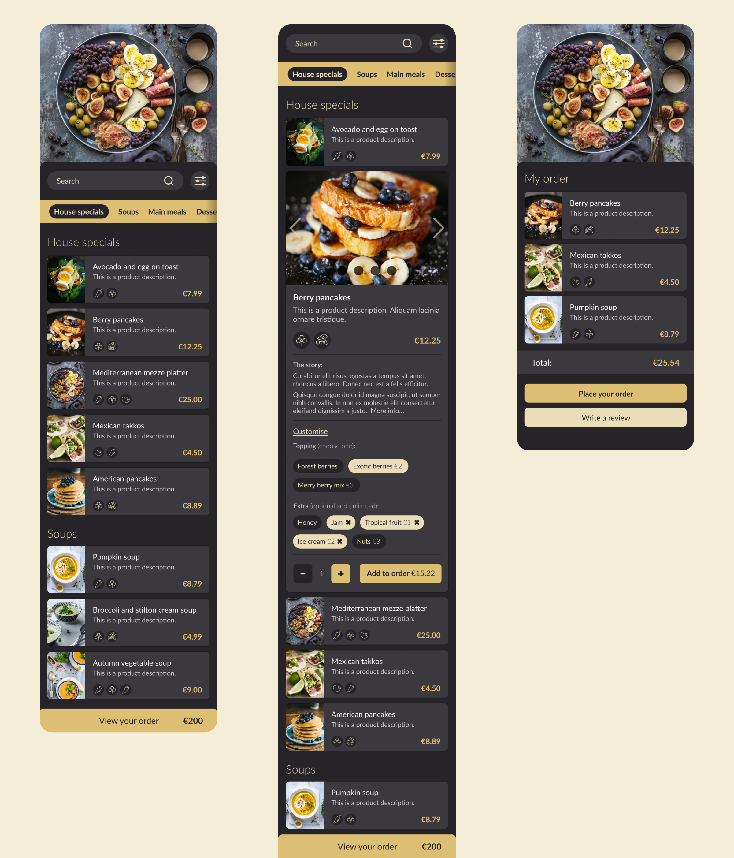 Three screens from the main flow rendered in the dark theme