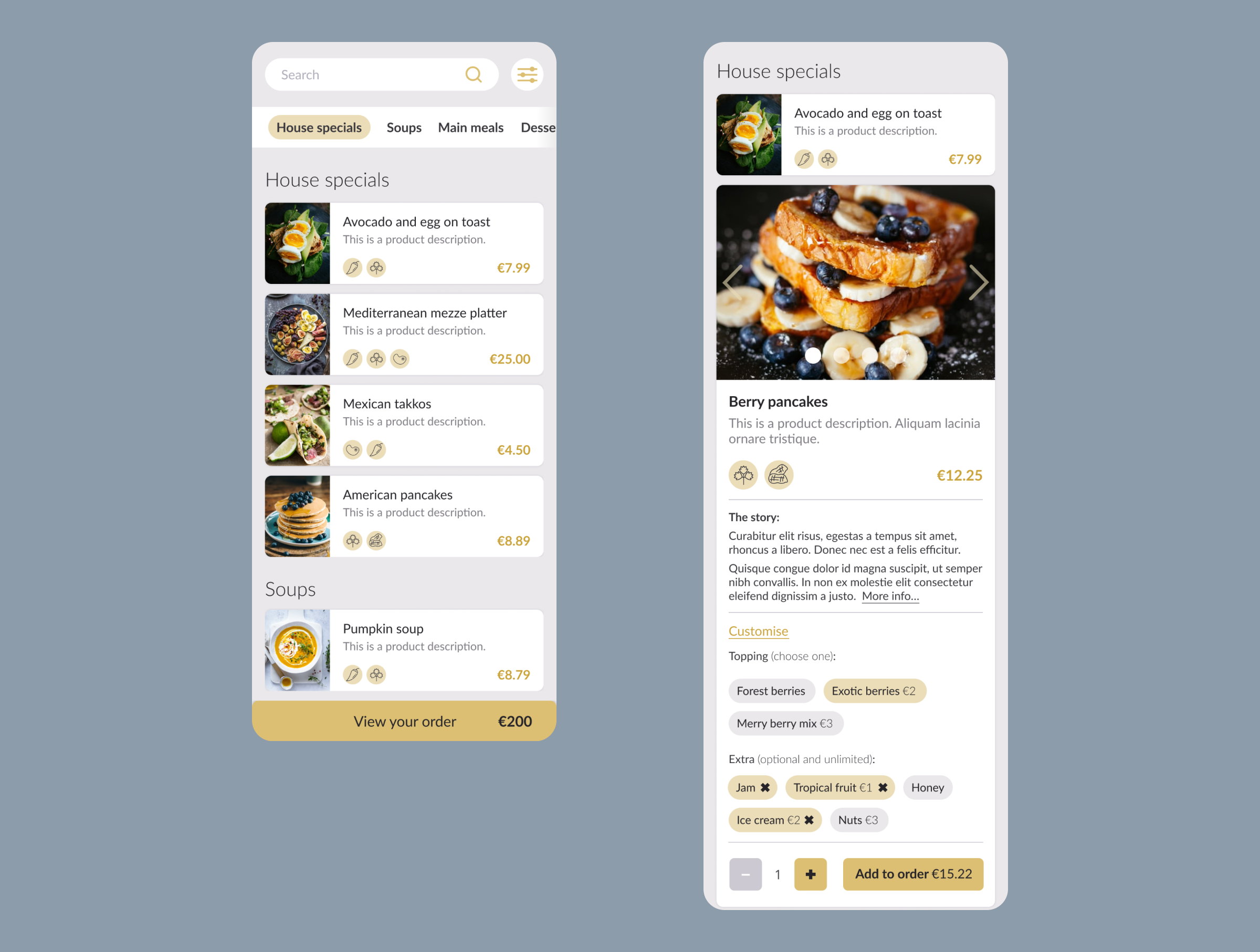 Two screens from the main flow rendered in the light theme