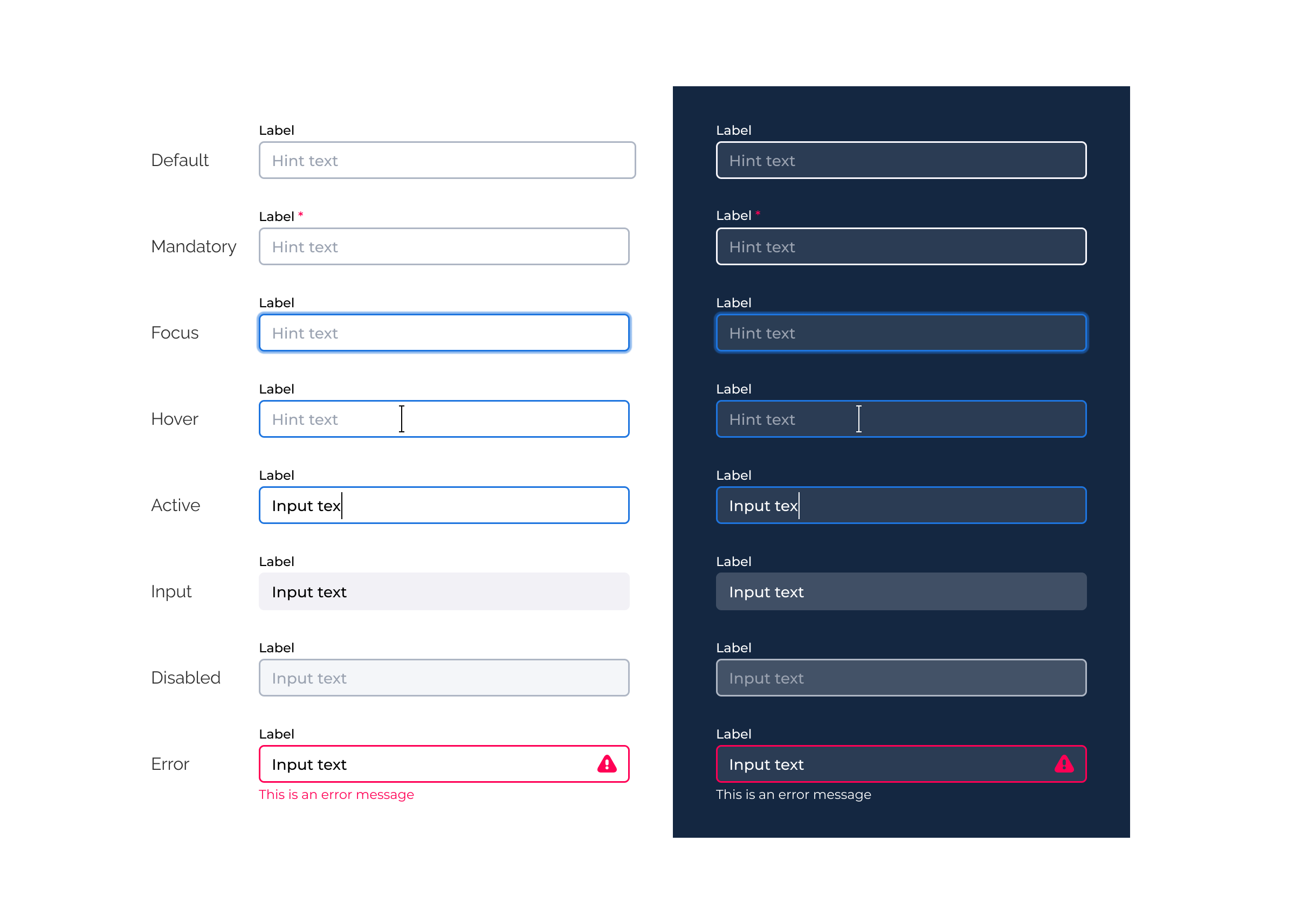 Fragment of the styleguide illustrating interactive states for form fields on a light and dark background.