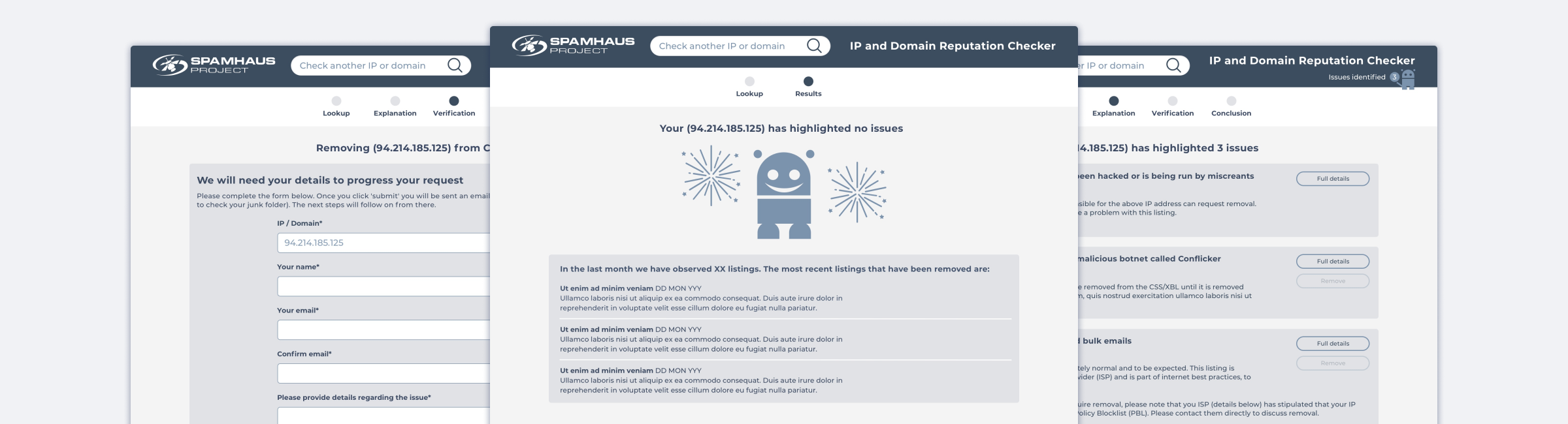 Three wireframe examples for Spamhaus IP and Domain Reputation Checker